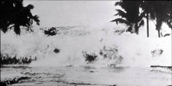 A large ocean wave crashes onto a shoreline lined with palm trees, creating a dramatic spray and flooding the land. The image is black and white, conveying a sense of urgency and natural disaster.